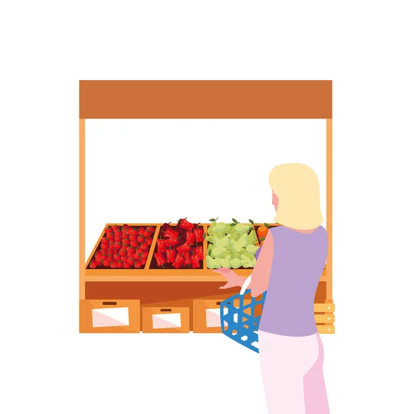 Mujer cliente productos agrícolas stand — Vector de stock