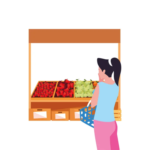 Mujer cliente productos agrícolas stand — Vector de stock