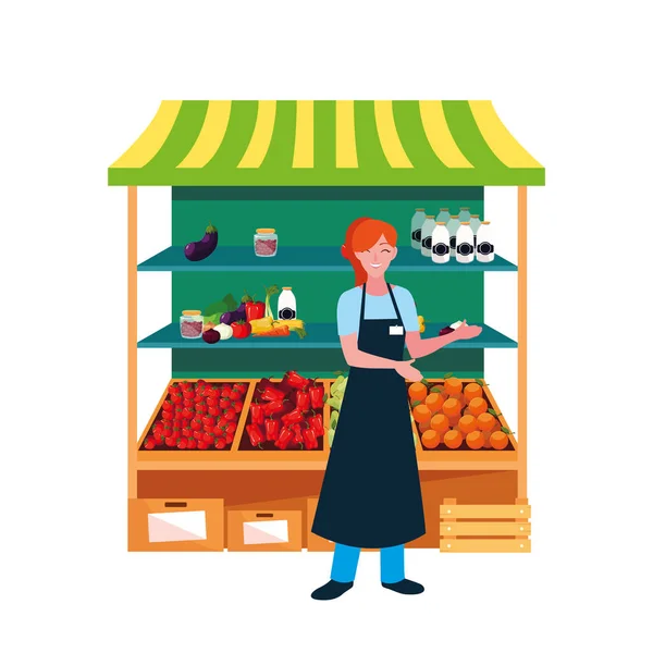 Seller woman farm products stand — Stock Vector