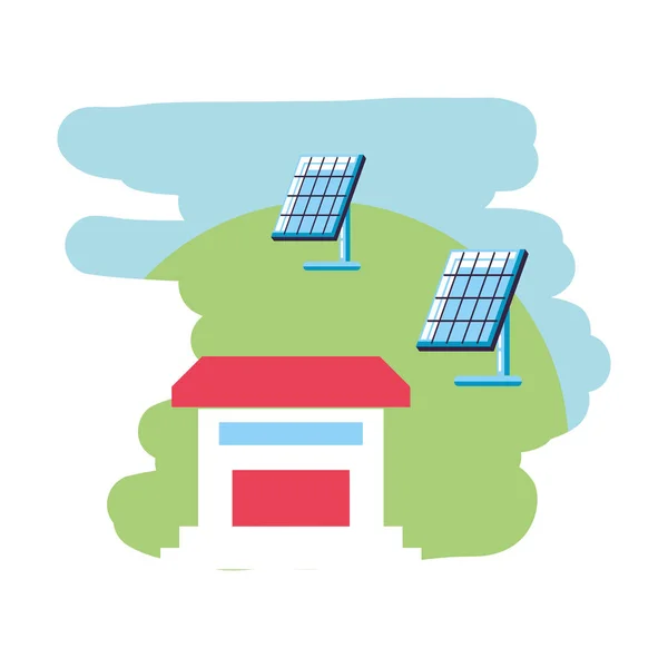 带有太阳能电池板能源的房屋立面建筑 — 图库矢量图片