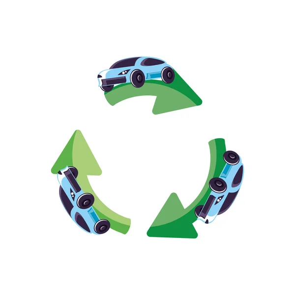 Reciclagem de setas com carros sedan transporte —  Vetores de Stock