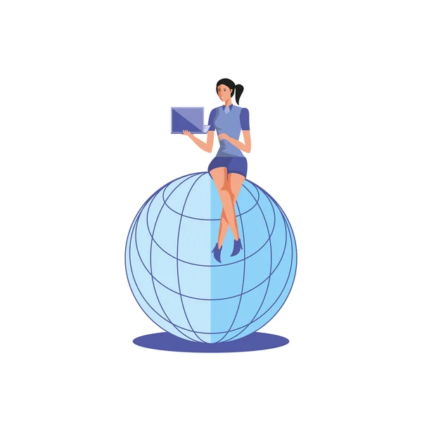 Femme d'affaires assis dans la sphère navigateur avec ordinateur portable — Image vectorielle