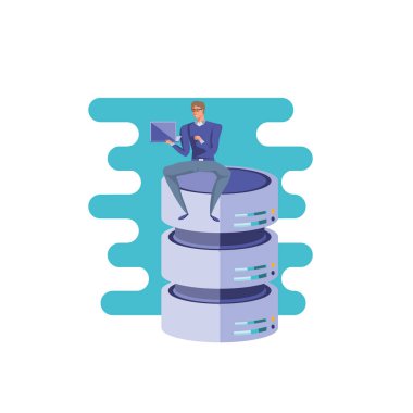 dizüstü bilgisayar ile veri merkezi disklerde oturan iş adamı