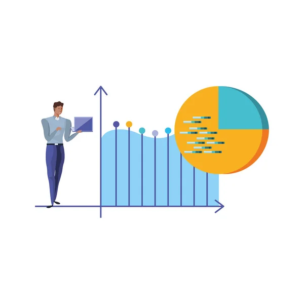 Geschäftsmann mit Laptop und Statistikgrafik — Stockvektor