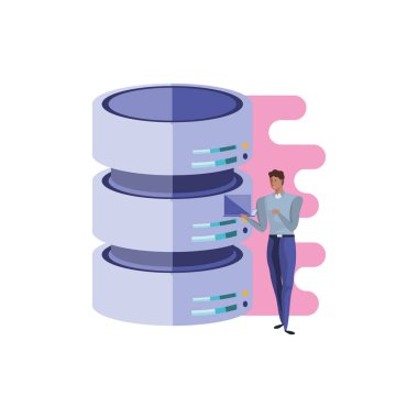 dizüstü bilgisayar ve veri merkezi diskleri ile iş adamı