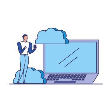 dizüstü bilgisayar ve bulut bilgi işlem ile iş adamı