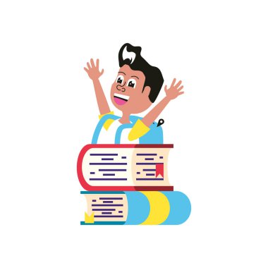 çanta okul ve yığın kitapları ile sevimli küçük öğrenci çocuk