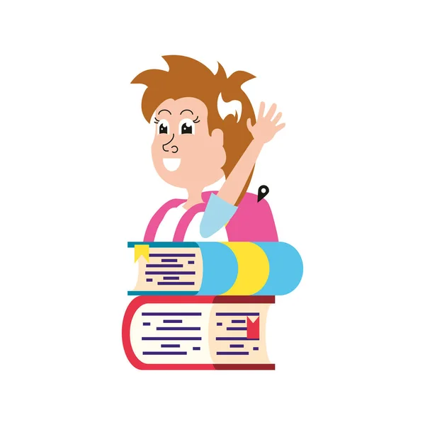 Cute little student girl with school bag and stack books — Stock Vector