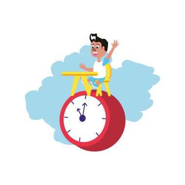 saat ile okul masasında oturan küçük öğrenci çocuk