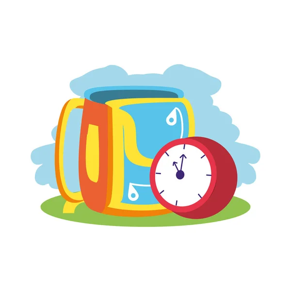 Time clock watch with school bag isolated icon — Stock Vector