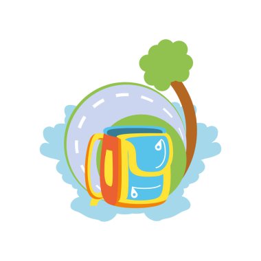 yol ve okul çantası izole simgesi ile ağaç bitki doğa