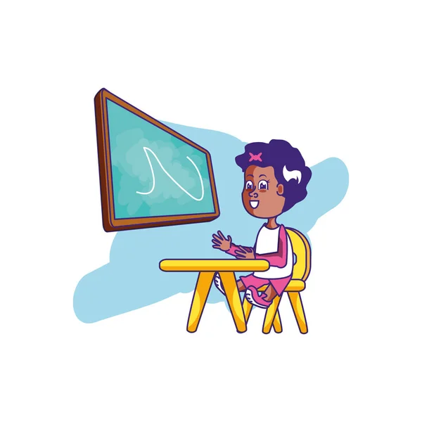 Estudante menina sentado na mesa da escola com sala de aula bordo — Vetor de Stock