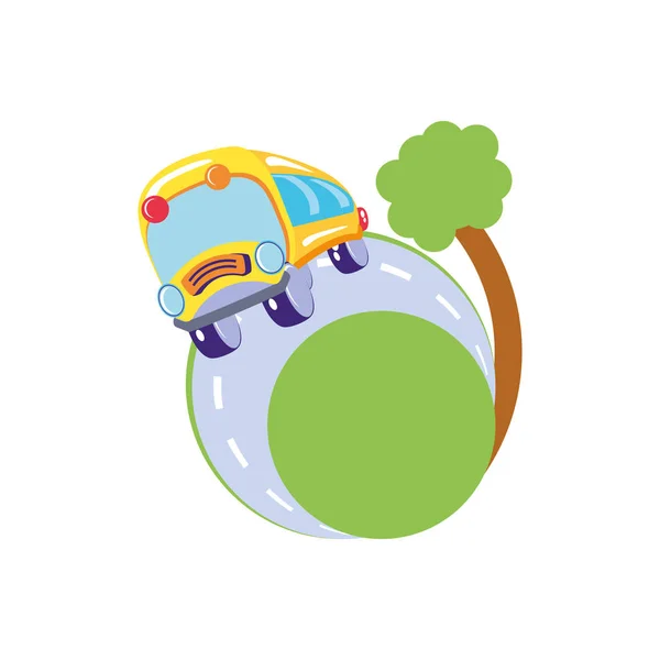 Transporte escolar en autobús con la carretera y la planta del árbol — Vector de stock