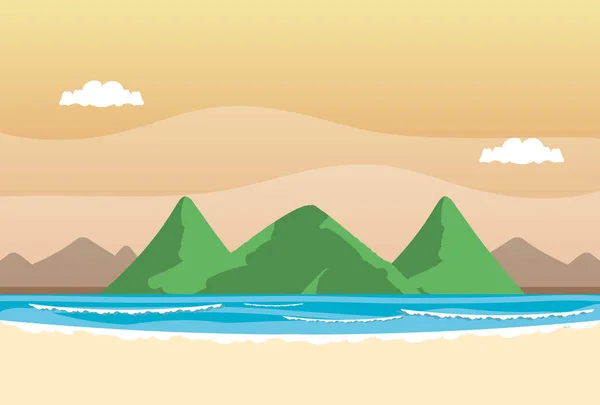 Paysage de plage d'été avec montagnes — Image vectorielle