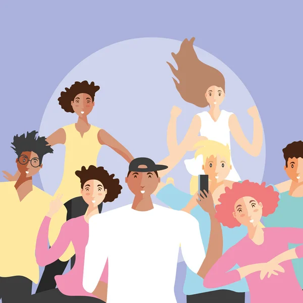 Grupp unga människor lycklig avatar karaktär — Stock vektor