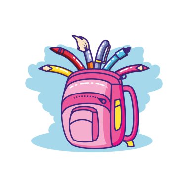 okul çantası izole simgesi ile kalem ve renk kümesi