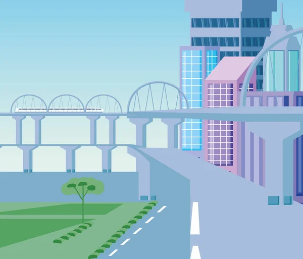 다리와 도로가 있는 도시 경관 건물 장면 — 스톡 벡터
