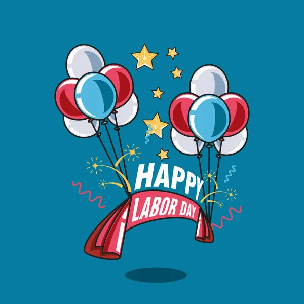 Happy labor day label with ribbon and balloons helium — Stock Vector
