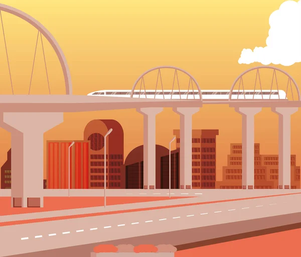 Stadsbilden byggnader dag scen med bro och vägar — Stock vektor