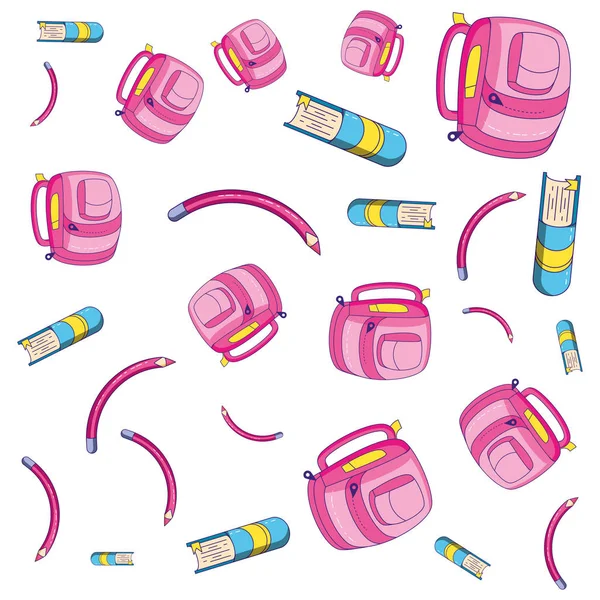 Візерунок шкільних сумки з олівцями колір рожевий і книги — стоковий вектор