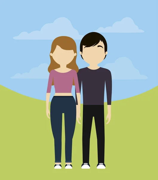 Giovane coppia in paesaggio avatar personaggio — Vettoriale Stock
