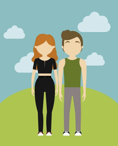 Giovane coppia in paesaggio avatar personaggio — Vettoriale Stock