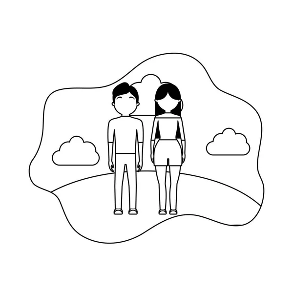 Joven pareja con nubes avatar carácter — Archivo Imágenes Vectoriales