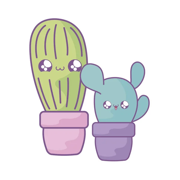 Ensemble de cactus tropicaux dans des plantes en pot style kawaii — Image vectorielle