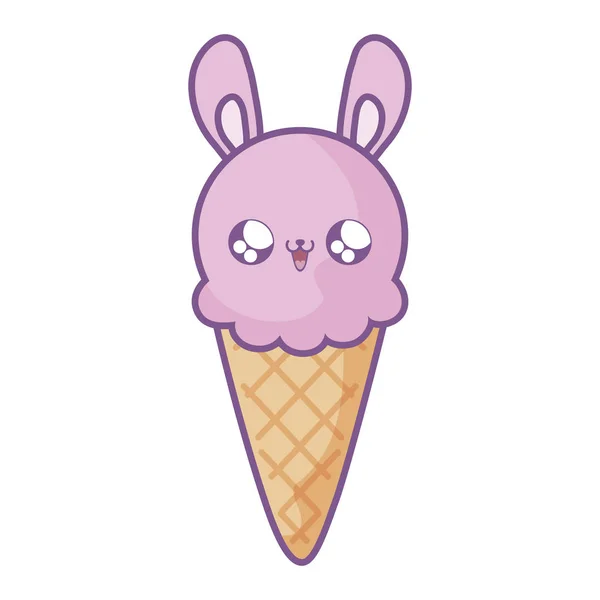 Delicioso helado en cono con cara de conejo estilo kawaii — Vector de stock