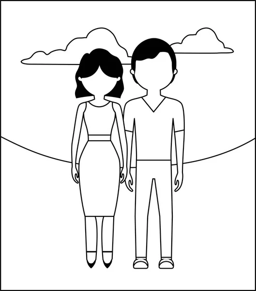 Jeune couple avec nuages avatar personnage — Image vectorielle