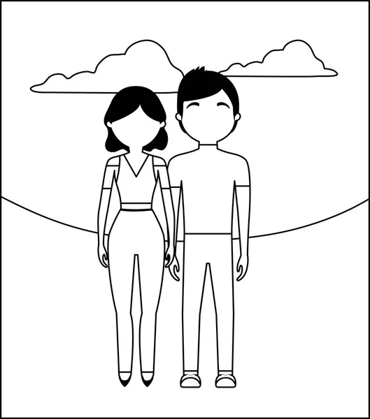 Joven pareja con nubes avatar carácter — Archivo Imágenes Vectoriales