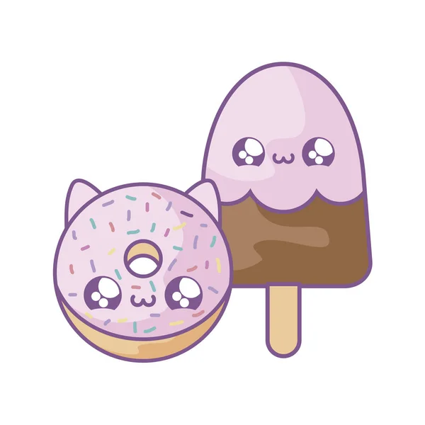 Ijs in stok met zoete donut kawaii stijl — Stockvector