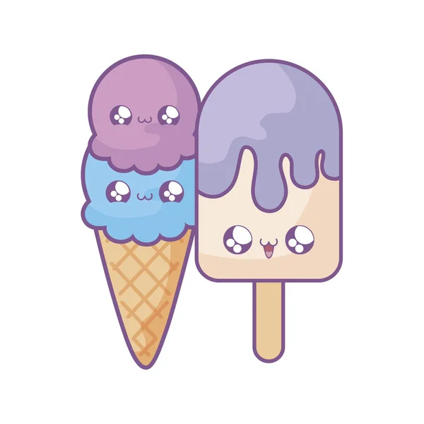 Conjunto de deliciosos y refrescantes helados estilo kawaii — Vector de stock