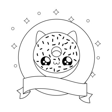 çerçeve dairesel ve kurdele kawaii tarzı yüz kedi ile donut