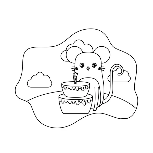 Lindo ratón animal con pastel de cumpleaños — Vector de stock