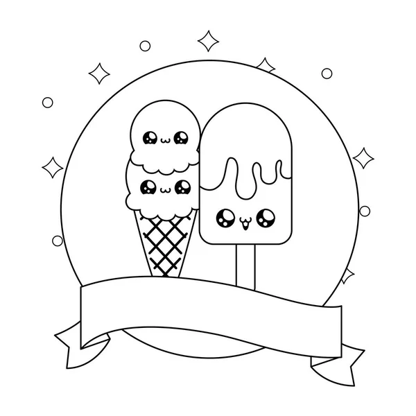 Морозиво в рамці круглий зі стрічкою стиль каваї — стоковий вектор