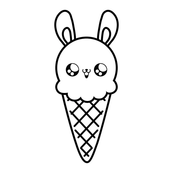 Delicious ice cream in cone with face rabbit kawaii style — Stock Vector