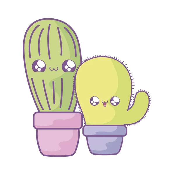 Ensemble de cactus tropicaux dans des plantes en pot style kawaii — Image vectorielle