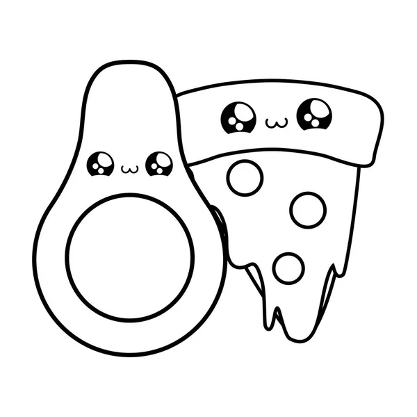 Čerstvé zdravé avokáda s pizzou a kawaii, styl — Stockový vektor