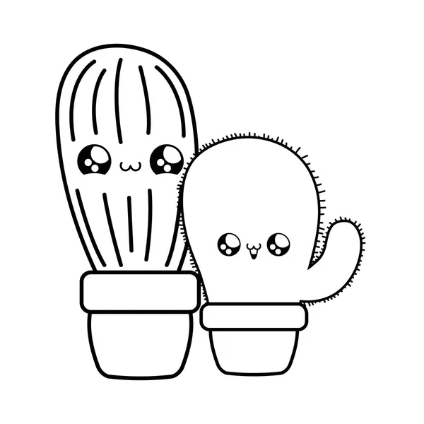 Ensemble de cactus tropicaux dans des plantes en pot style kawaii — Image vectorielle