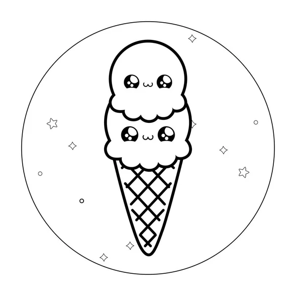 Вкусное мороженое в конусе с рамкой круглой кавайи стиле — стоковый вектор