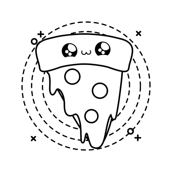 Kawałek pysznej pizzy w ramce okrągły styl Kawaii — Wektor stockowy