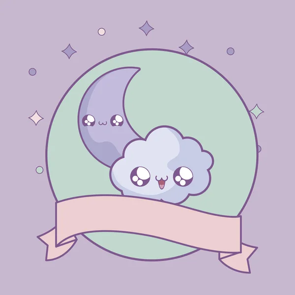 Schattige maan met wolk en lint decoratie kawaii stijl — Stockvector