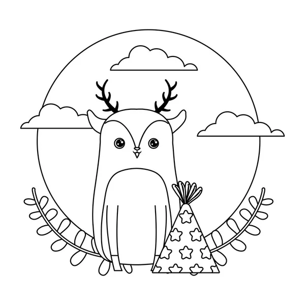 Lindo reno animal con sombrero de fiesta y hojas de la corona — Vector de stock