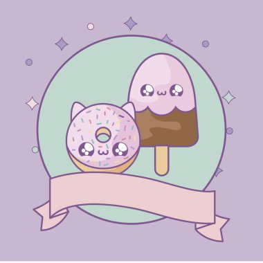tatlı donut ve kurdele kawaii tarzı ile sopa dondurma