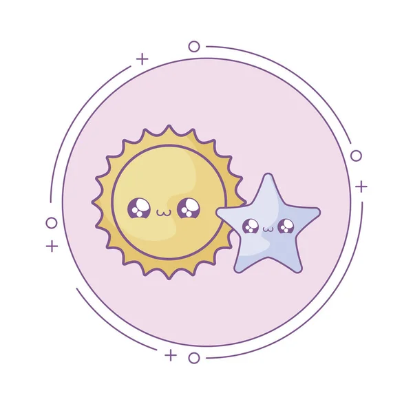 Carino sole caldo con stella in telaio circolare stile kawaii — Vettoriale Stock