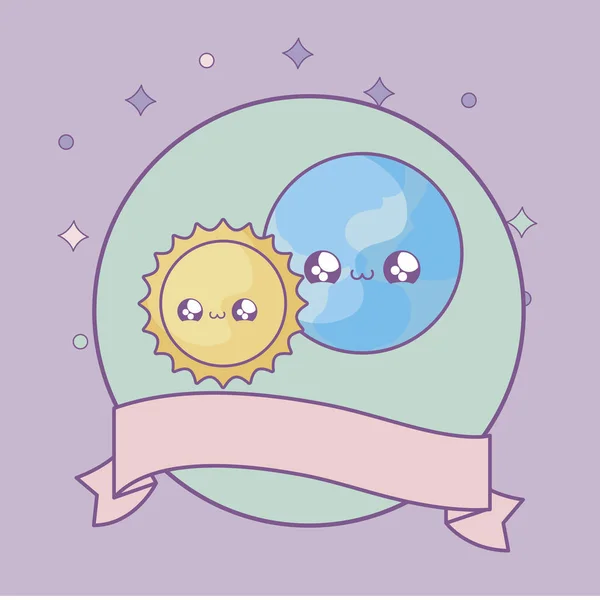 Planeta mundo terra com sol e fita decoração estilo kawaii — Vetor de Stock