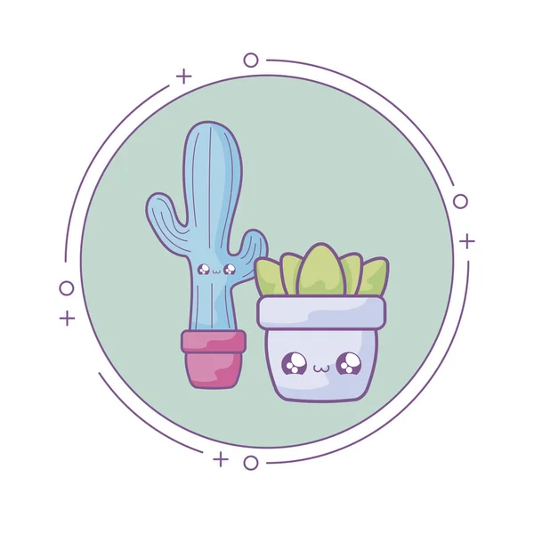 Cactus tropical con planta en marco circular estilo kawaii — Vector de stock