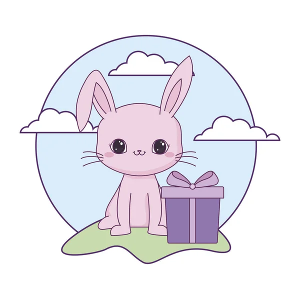 Cute rabbit animal with gift box present — Stock Vector