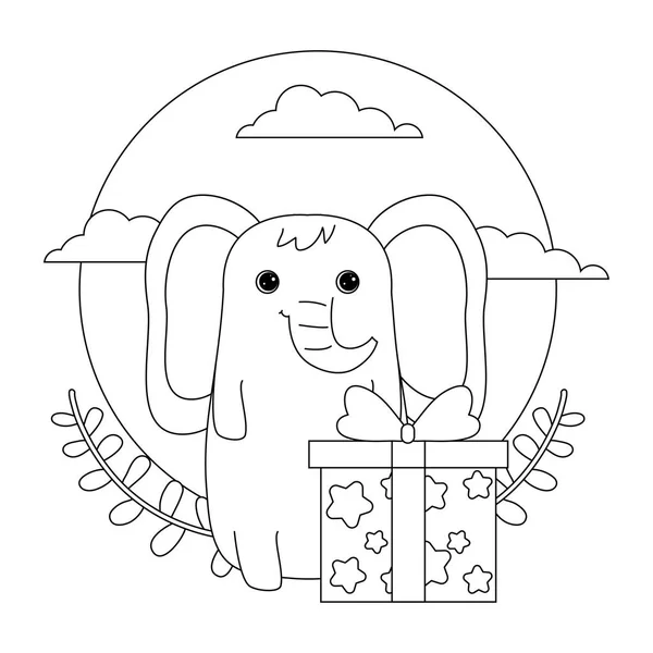 Elefante lindo animal con caja de regalo — Vector de stock